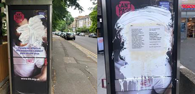 Can't Pass It On telephone box posters vandalised by white-out